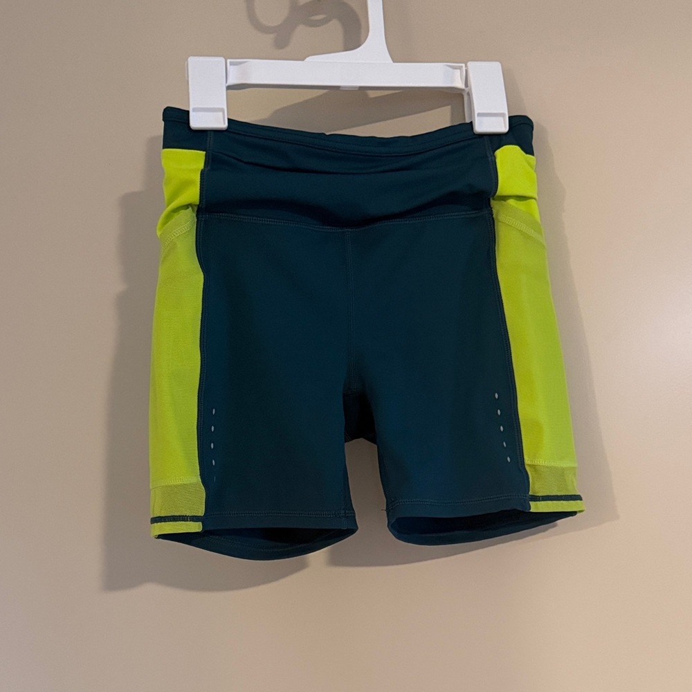 💛5 for $50 Senita Athletics Dark Teal Bike Shorts with Neon Yellow Panels